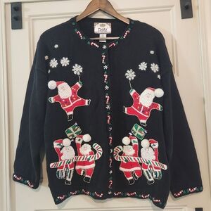 Vintage Tiara Womens XL Santa Cardigan Sweater Black Crewneck Knit Holiday